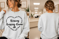 A light heather gray crewneck sweatshirt with a black graphic text design reading 'Home Health Aide' and surrounding words, shown on a model in a split front and back view.